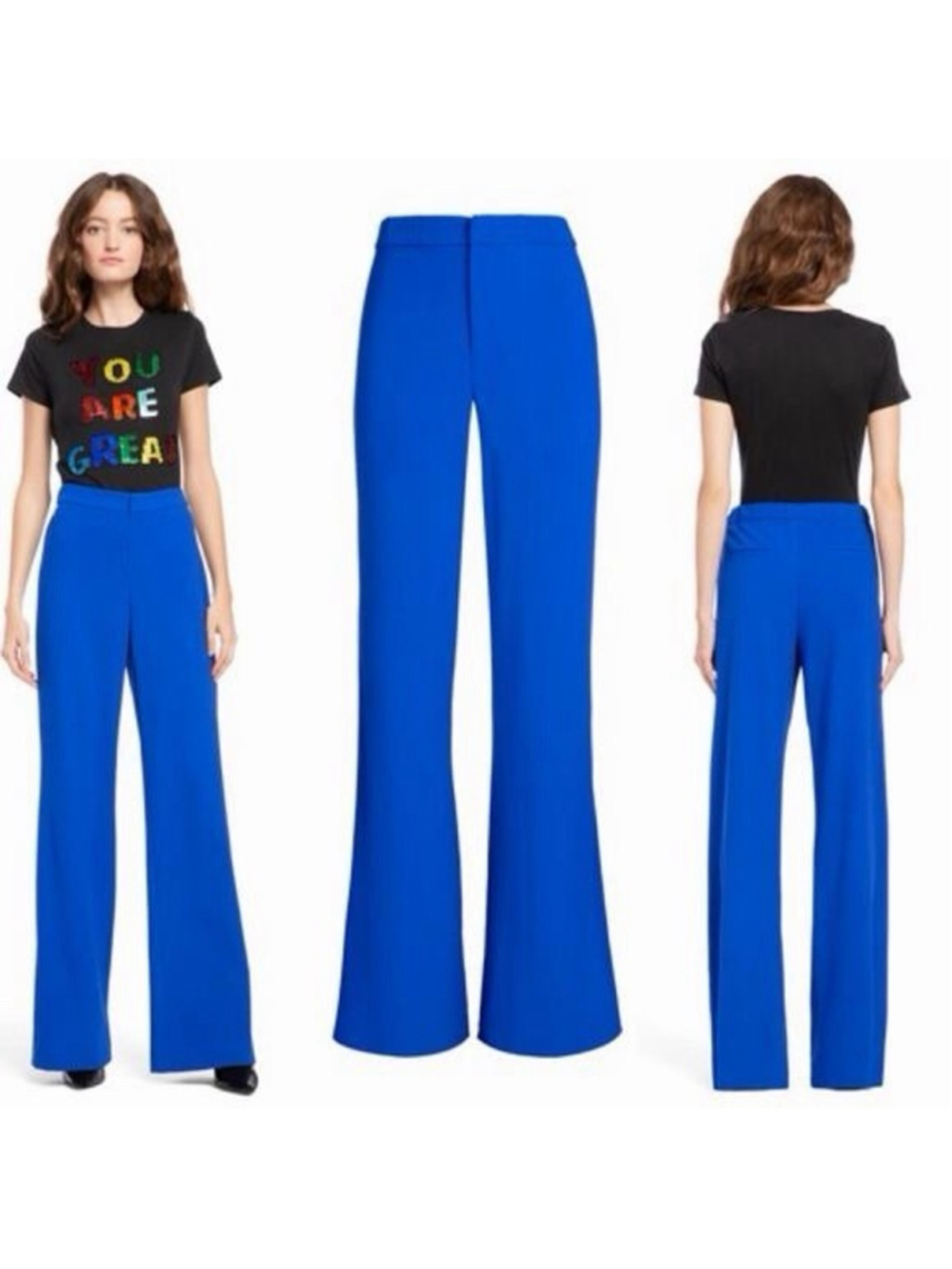 Alice + Olivia Bo Wide Leg Flare Funky Retro Cobalt Blue Pull Up Pant MED $295